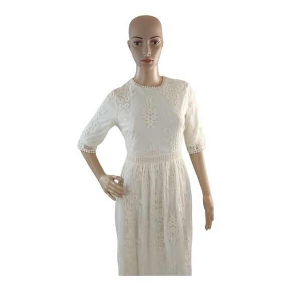 HIDDEN ALLEN Women's Ivory Embroidered Lace Short Sleeve Midi Dress Size Medium - Picture 5 of 15